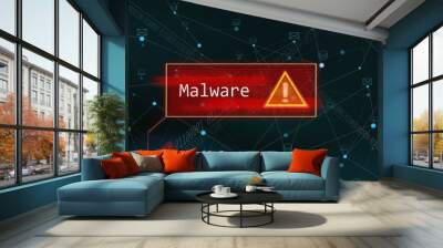 graphic illustration of orange exclamation mark with red rectangle as malware warning about scanned binary data at node in computer network cloud nodes with connection lines Wall mural