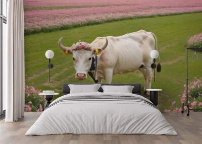 white cow with some pink flowers on head staying on grayy with flower field in background, generative AI
     Wall mural