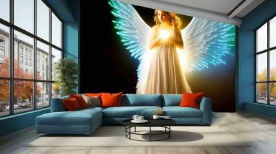 young female beautiful angel with white blue green spread wings glowing light end protecting love emotion Wall mural