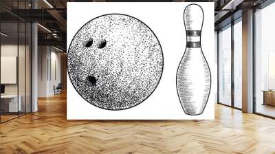 Bowling ball and skittle illustration, drawing, engraving, ink, line art, vector Wall mural