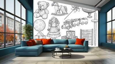 Children toy collection, illustration, drawing, engraving, ink, line art, vector Wall mural