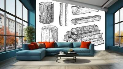 Cut logs, fire wood, chopped wood illustration, drawing, engraving, ink, line art, vector Wall mural