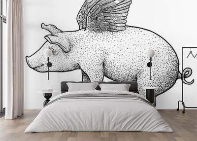 Flying pig illustration, drawing, engraving, ink, line art, vector Wall mural