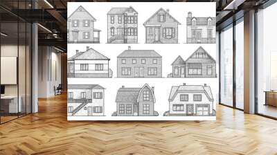 House illustration, drawing, engraving, ink, line art, vector Wall mural