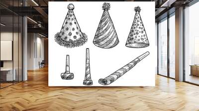 Party hat and blower whistle illustration, drawing, engraving, ink, line art, vector Wall mural