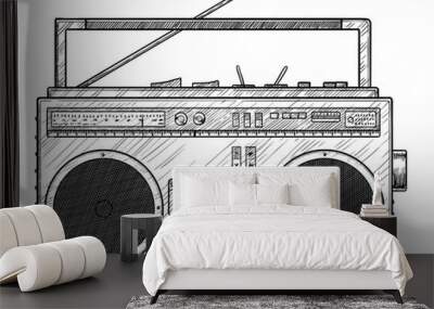 Retro portable radio illustration, drawing, engraving, ink, line art, vector Wall mural