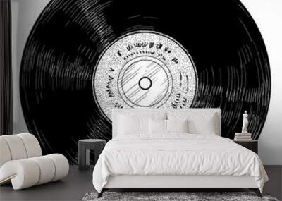 Vinyl record illustration, drawing, engraving, ink, line art, vector Wall mural