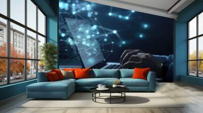 Digital technology, internet network connection, big data, digital marketing IoT internet of things. Man using modern computer surfing internet futuristic innovative technology background Wall mural