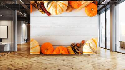 Autumn double border of pumpkins and fall decor on a rustic white wood background with copy space Wall mural