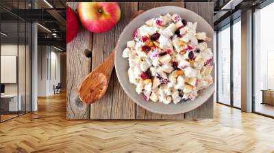 autumn salad dish with chicken, apples, nuts and cranberries, above on rustic wood background Wall mural