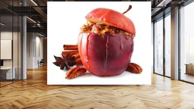 Baked apple with caramel, brown sugar, spices and and nuts isolated on a white background Wall mural