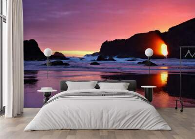 Beautiful sunset through sea arches at a beach in Olympic National Park, Washington, USA Wall mural