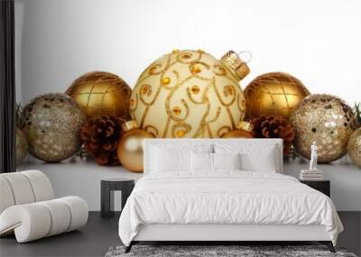 Christmas border of gold ornaments and branches isolated on a white background Wall mural