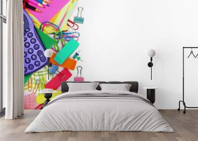 Colorful school supplies side border against a white background Wall mural