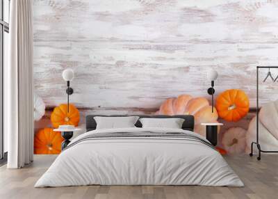 Fall bottom border of pumpkins of various sizes and colors over a rustic white wood banner background. Top view with copy space. Wall mural