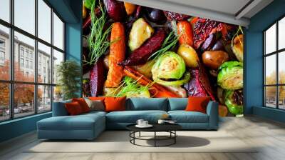 full background of roasted colorful autumn vegetables, above view Wall mural