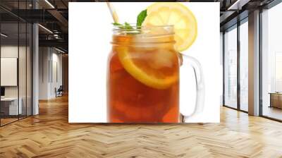 Mason jar glass of iced tea with straw isolated on a white background Wall mural