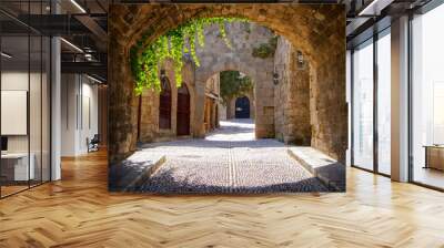 medieval arched street in the old town of rhodes, greece Wall mural