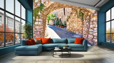 Medieval buildings of the old town of Assisi through a picturesque stone arch, Italy Wall mural