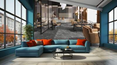 Modern industrial style cafe bar interior corner with wooden and glass walls and grey marble floor, long wooden tables and bar counter with stools near the window. 3D Rendering Wall mural