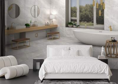 White and beige bathroom interior with a ceramic white bathtub, two narrow windows, a tree in a pot and a ladder in a corner, double sinks on wooden surface and two circular mirrors. 3D Rendering Wall mural