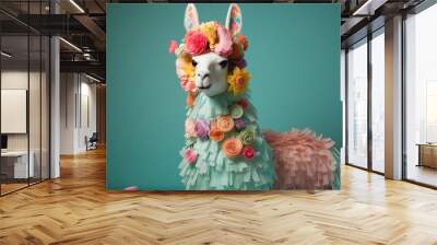 A charmingly updated llama pinata embellished with floral motifs and soft pastel hues set against a solid green background ideal for garden parties or spring events Wall mural