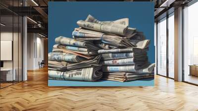 A pile of old newspapers and magazines processed into lowerquality paper products showcased against a muted blue background to emphasize the concept of downcycling Wall mural