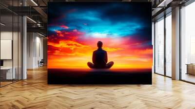 A serene silhouette of a person meditating against a vibrant sunset sky, symbolizing peace and inner tranquility. Wall mural