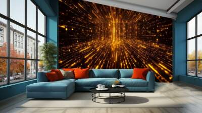 Abstract golden light streaks creating a digital illusion on a black background. Wall mural