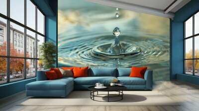 Artistic image of a crystal clear tear drop falling into a still pool of water creating subtle ripples and capturing the moment of impact Wall mural