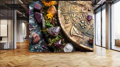 Astrological chart with gemstones and flowers, depicting zodiac symbols, mysticism, and esoteric concepts. Ideal for divination themes. Wall mural