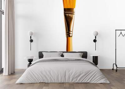 Close-up image of a single paintbrush with orange bristles and a golden handle, isolated on a white background. Wall mural