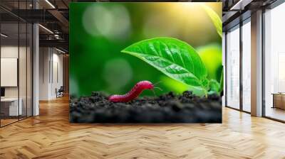 Colorful caterpillar crawling on soil near vibrant green leaf. Wall mural