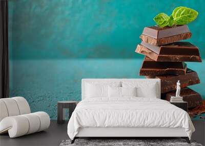 Delicious dark chocolate stacked on a vibrant background, garnished with fresh mint and sprinkled with cocoa powder. Wall mural