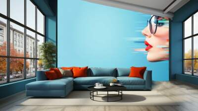 Dynamic woman in glasses with colorful motion effects on a blue background. Wall mural