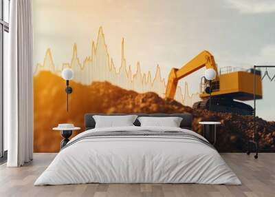 Excavator working on construction site with rising graph overlay. Wall mural