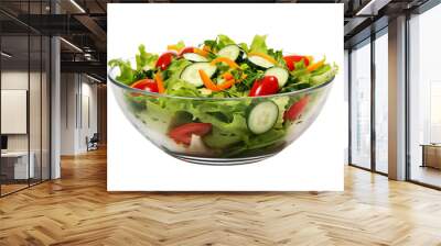 Fresh mixed vegetable salad in a glass bowl with tomatoes, cucumbers, bell peppers, and leafy greens. Healthy and delicious meal option. Wall mural