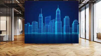 Futuristic skyline illustration featuring neon blue wireframe buildings against a dark background, representing urban innovation. Wall mural