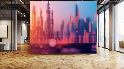 Industrial skyline with data visualization, modern technology background. Wall mural