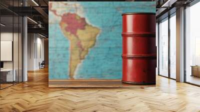 Red metal barrel on wooden table with a map background, vintage and rustic style. Wall mural