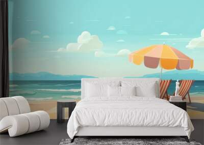 Two beach chairs sit under a beach umbrella on a sandy beach. The ocean is in the background with light blue water and small waves. The sky is blue and there are white clouds. Wall mural