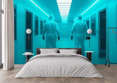 Two figures in protective suits walk through a high-tech corridor illuminated by blue light, symbolizing innovation and safety. Wall mural