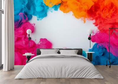 Vibrant and colorful ink clouds swirl together, creating a dynamic frame around a blank space for artistic compositions. Wall mural