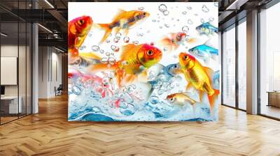 Vibrant image of colorful goldfish swimming and splashing water with bubbles in a lively aquatic environment. Wall mural