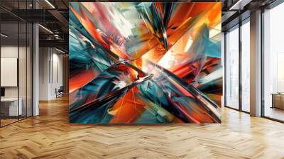 Dynamic abstract composition featuring vibrant colors and sharp lines, creating sense of movement and energy. interplay of light and shadow adds depth to artwork Wall mural