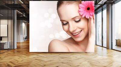 beauty natural  young girl with flower pink gerbera Wall mural