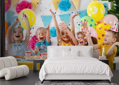 children's birthday. happy kids with cake Wall mural