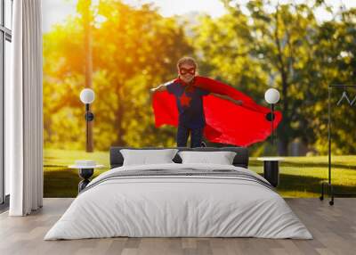 concept happy child superhero hero in red cloak  in nature Wall mural