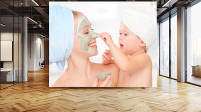 family beauty treatment in  bathroom. mother and daughter baby g Wall mural