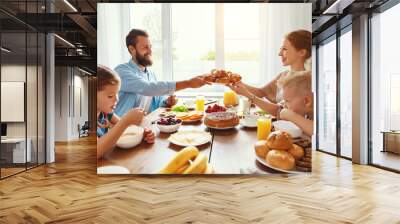 family mother father and children have Breakfast in kitchen in morning. Wall mural